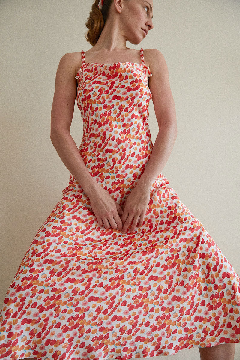 SCULPTURE SIGNATURE PRINTED SILK SATIN DRESS