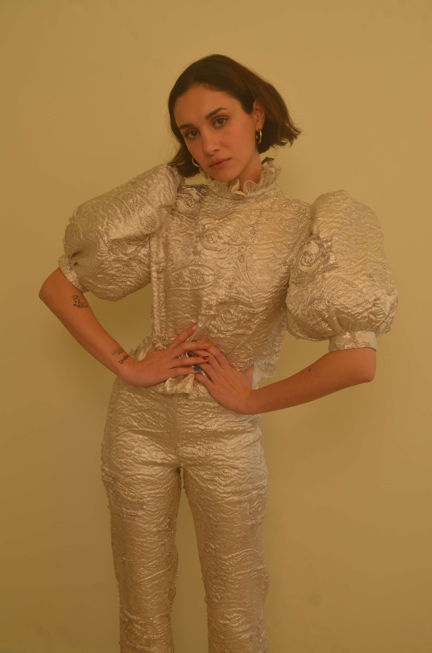 JACQUARD BALLOON SLEEVE BLOUSE